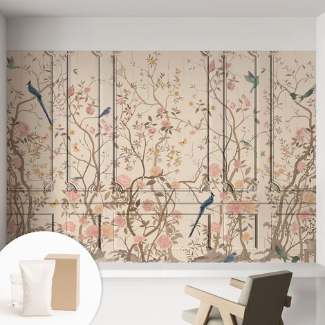 Papier peint décoratif avec colle pour salon, chambre à coucher et bureau – Design moderne et facile à poser Oiseaux et fleurs 152x104 cm (1/5)