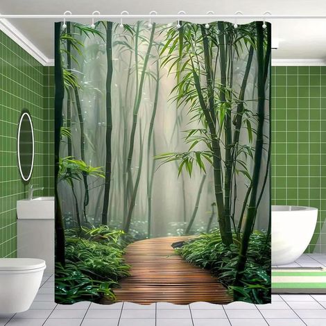 Rideau de douche motif bambou 180x180cm en polyester – Imperméable et anti-moisissure – Revêtement antibactérien – Anneaux inclus (1/5)