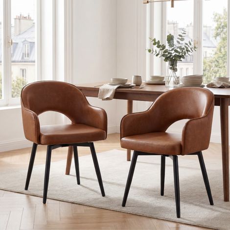 Wahson Lot de 2 chaises en cuir PU marron – Chaise salle à manger moderne avec accoudoirs – Rembourrage haute densité – Hauteur d'assise 47cm, Marron