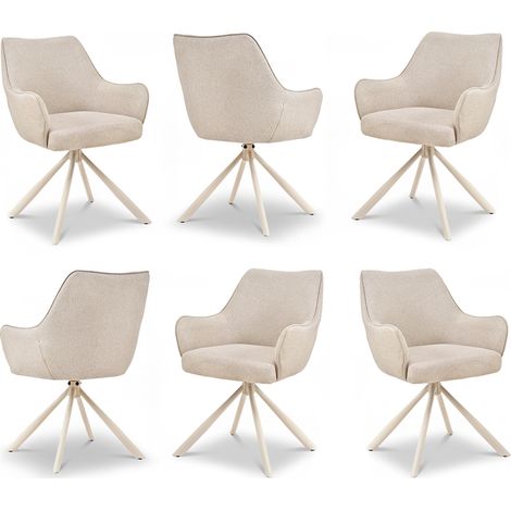 Bon Furni Webstoff Esszimmerstuhl Beige mit weißen Beinen, 6er Set, 360° drehbar, ergonomisch mit Federkern, unsichtbarem Reißverschluss & verstellbaren Füßen