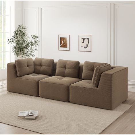 Divano angolare modulare in corduroy marrone, seduta profonda 74 cm (1/5)