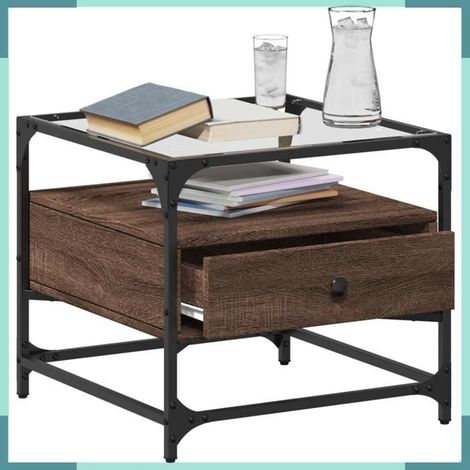 Table basse - 846053 - dessus en verre - chêne marron - structure acier (1/5)