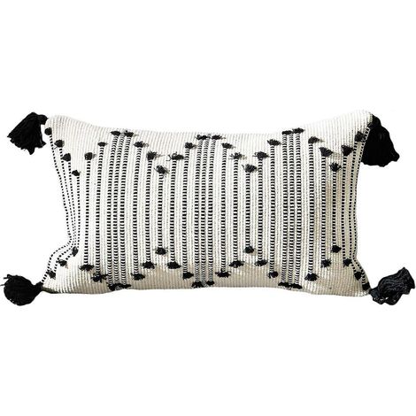 Housse de coussin lombaire bohème, coussin décoratif tissé à pompons, taie d'oreiller rectangulaire noire et blanche (1/4)