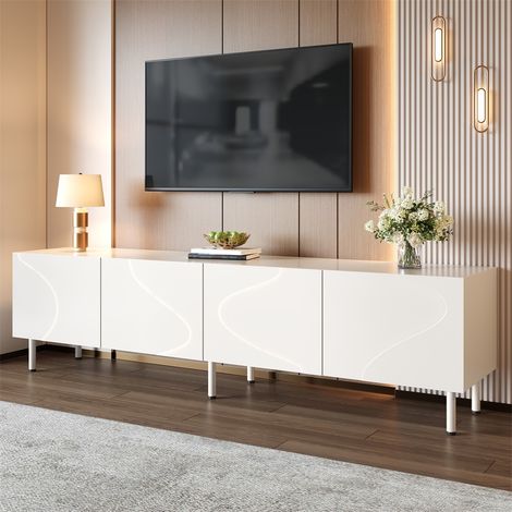 Meuble TV Design Lignes Ondulées - 170x35x50cm - 4 Portes Push-to-Open Lowboard Moderne en Bois avec Pieds Métal - Blanc (1/5)