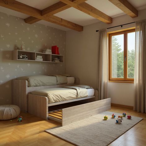 Coppia letti singoli scorrevoli con ruote e contenitori - Made in Italy - Rovere rock