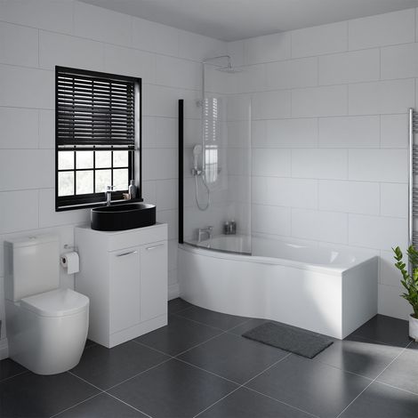 Aster 1700mm Left Hand P Shaped Bathroom Suite including Matt Black Countertop Basin and Gloss White Vanity Unit with Polished Chrome Handles (1/5)