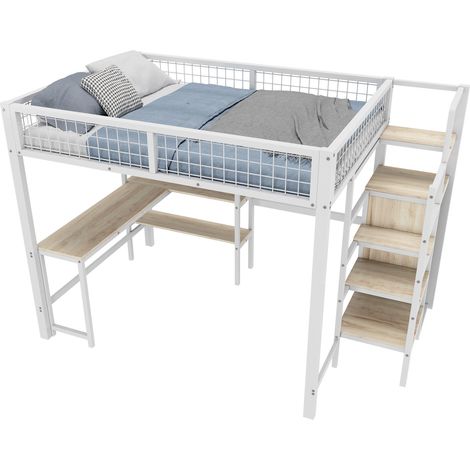 Lit mezzanine MDF et métal blanc 140x200 cm avec bureau, étagères et armoire intégrée, sans matelas (1/5)