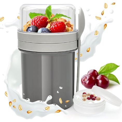 1 Gobelet petit-déjeuner, PS + PP, 250 ml et 450 ml, étanche, avec fourchette et cuillère, pour bureau voyage école (1/5)