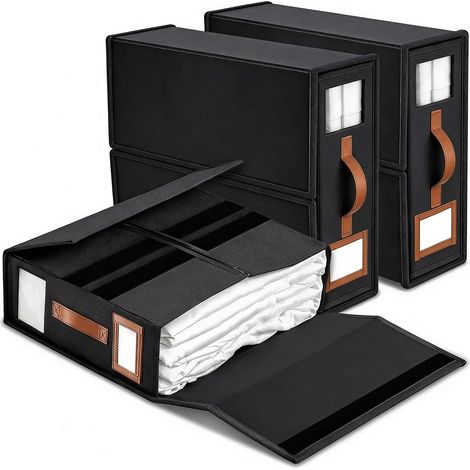 Lot de 3 Rangement Drap de Lit en Lin, Boîte de Rangement Armoire avec Fenêtre & Étiquette, Boîte de Rangement Parure de Lit pour draps couvertures, housses, serviettes (1/5)