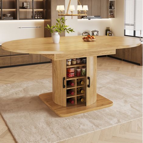 Table extensible en MDF et métal 118-158 x 118 x 76 cm, naturel et brun clair, avec rangement (1/5)