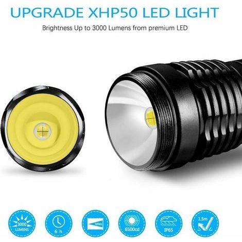 Torche Lampe de Poche, LED USB Rechargeable Ultra Puissante 3000 Lumens CREE XHP50 Lampe Torche, 5 Modes IP65 Étanche Militaire Zoomable pour Camping Randonnée(18650 Pile Rechargeable Incluse) (1/5)