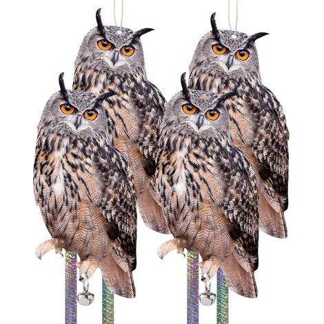 4er-Set Vogelabwehrgeräte, reflektierendes Eulenmotiv, Kunststoff, mit Band und Glöckchen, für Balkon und Garten (1/5)