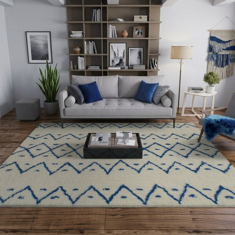 Tapis en laine Bella Boho - Tapis en laine - 290x190cm, Rectangular - 100% Laine vierge - Tufté main - Bleu foncé