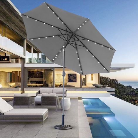 2.7M Garden Solar LED Parasol Sun Shade Patio Umbrella with Tilt Crank Grey w/ Base (1/5)