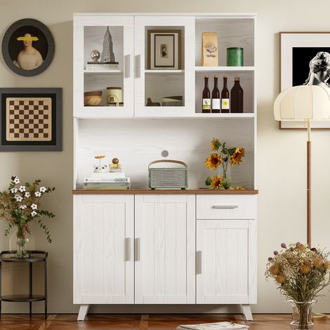 Buffet haut 114x40x190 cm blanc et brun en panneaux de particules avec portes vitrées et grand rangement (1/5)