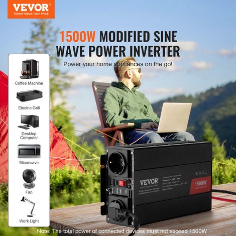 Onduleur à onde sinusoïdale modifiée, 1500 W, onduleur CC 12 V à CA 230 V avec 2 prises AC, 2 ports USB, 1 port Type-C, 6 fusibles de rechange, pour petits appareils domestiques, smartphone, pc (1/5)