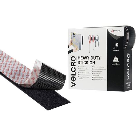 Heavy-Duty Self-Adhesive VELCRO® Hook and Loop Tape, 5000mm x 50mm, Extra-Strong, Black, 5 Meters