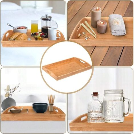 Plateau en bambou avec poignée, plateau en bois, plateau de petit-déjeuner, plateau à thé, table basse, décoration de cuisine (40 x 28 x 3 cm) (1/3)