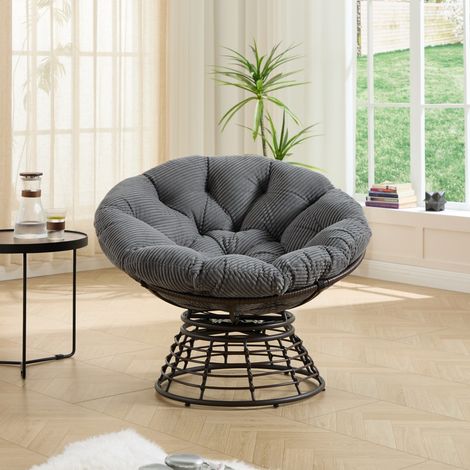 Fauteuil Papasan Pivotant 360° en Résine Tressée - Dia. 92cm - Coussin Épais Velours Côtelé Confortable - Marron et Gris (1/5)