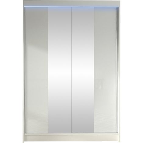 Armoire Closico 148, Blanc, 200x120x58cm, Portes d'armoire: Coulissantes, Nombre d'étagères: 5, LED