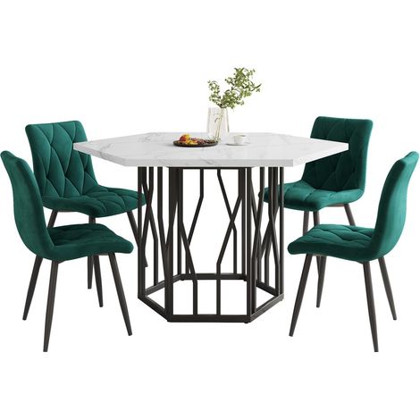 Ensemble table et chaises - Table hexagonale marbre + 4 chaises velours vert - 5 pièces salle à manger moderne (1/5)