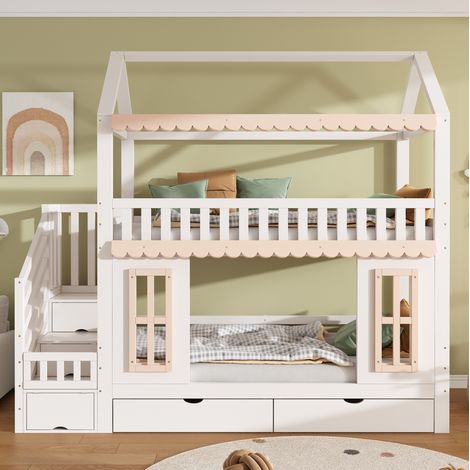 CHICFURN Litera infantil 90x200 cm de madera blanca y natural, casita, almacenaje (1/5)
