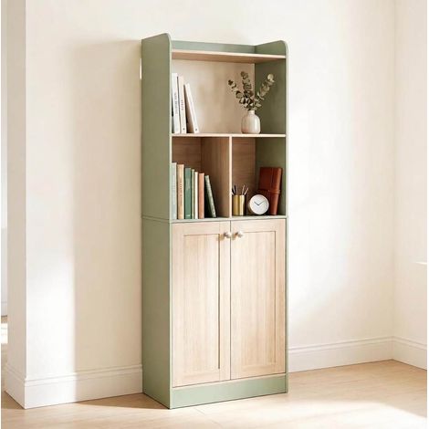 Bibliothèque haute 60x30x161,2 cm en panneaux de bois vert, avec rangement pour salon FloraGrace (1/5)