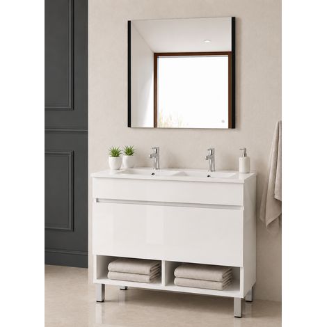 Meuble de salle de bain avec pieds avec vasque extra-plat ORIGENBATH NEBARI sans miroir 120x45 cm double vasque blanc (1/3)