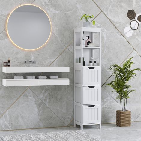 Badezimmerschrank aus Holz, Weiß, 30 cm breit, Hochschrank mit 3 Schubladen und 2 offenen Fächern (1/5)