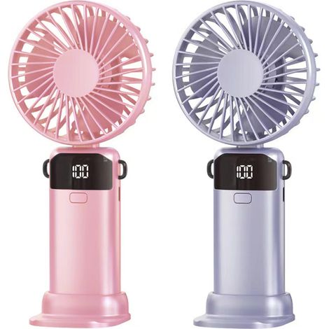 Lot de 2 ventilateurs portables rechargeables avec écran LED - Mini ventilateur personnel 3 en 1 - 5 vitesses - Réglable pour l'intérieur, le maquillage, le camping, les voyages et le sport
