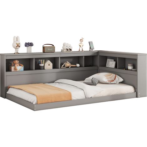 Lit banquette 90 x 200 cm avec prises et 2 ports USB, sommier à lattes, rangements latéraux et structure en panneau de particules et MDF gris  CHICFURN (1/5)