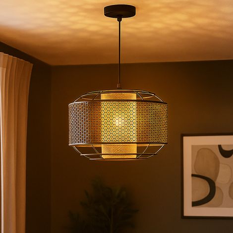Suspension, lampe de table à manger, lampe de salon, lampe de cuisine, grille en métal noir, cylindre doré, 1x E27, H 150 cm (1/5)