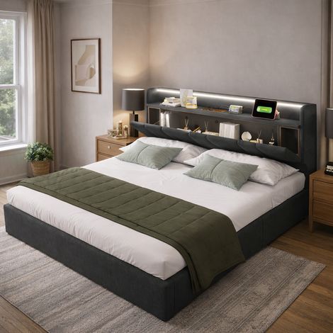 Lit double capitonné 160x200 cm ave éclairage LED Lit Coffre Tête de lit avec rangement et port USB Sommier à lattes en bois Gris (1/4)