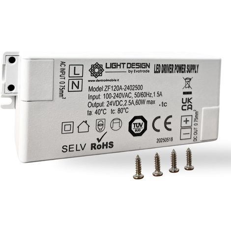 Transformateur LED 60W – Entrée 230V AC / Sortie 24V DC Boîtier En Plastique – Câbles Non Fournis (1/5)