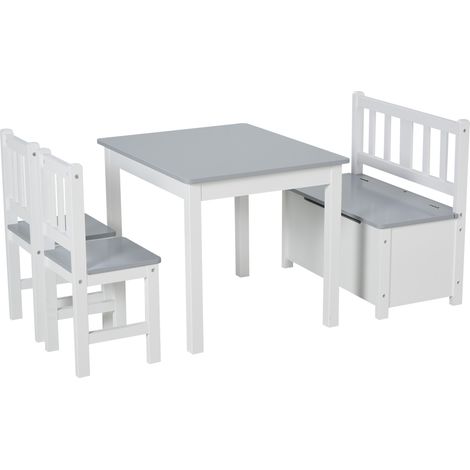 Ensemble table et chaises banc enfant – 2 chaises – Dimensions table 60L x 50l x 48H cm – MDF classe E1 et pin – Coloris gris et blanc – MH (1/4)