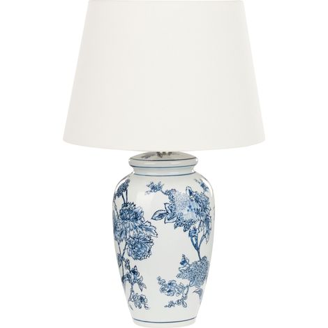 Lámpara de mesita de noche clásica con pantalla de tela de lino base de porcelana en forma de tambor blanco y azul Beluso