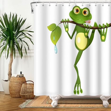 175x190cm Mignon Dessin animé Grenouille Rideau de Douche Peu Grenouille sur Arbre Bifurquer Vert Feuilles Été Blanc Rideau de Baignoire pour Enfants Salle Bains Polyester avec Crochets (1/5)
