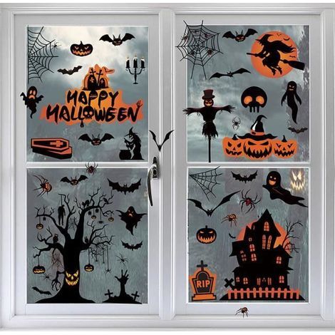 Halloween Window Sticker - Indoor & Outdoor Wall Decoration with Pumpkin, Bat, Witch, Castle (1/4)