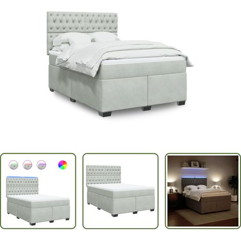 vidaXL LED-Leuchten - Boxspringbett mit Matratze Hellgrau 140x200 cm Samt (1/5)