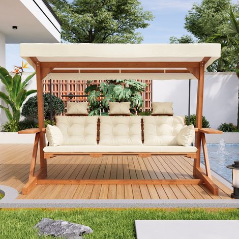 Dondolo da giardino 3 posti 200x122x199 cm con tettuccio e poggiapiedi, colore naturale (1/5)