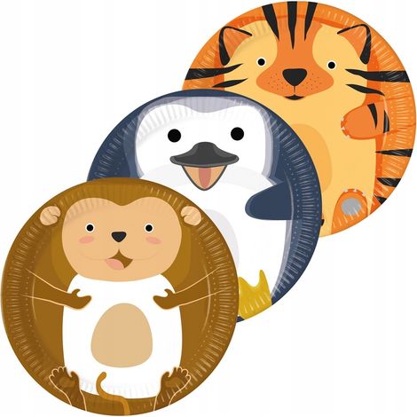 Assiettes en carton ANIMAUX DU ZOO Tigre Singe Pingouin Anniversaire 23 cm 8 pièces. (1/2)