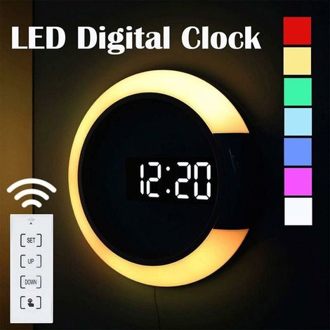 Horloge murale LED numérique avec télécommande – Affichage miroir creux – Alarme température – 7 couleurs changeantes – Veilleuse moderne (1/4)