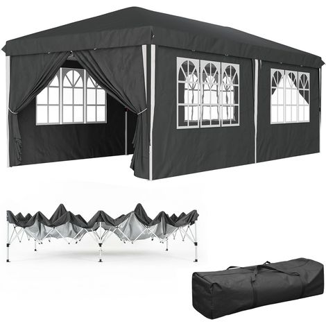 Gazebo Pergolato Da Esterno Con Pareti Laterali Finestre E Porte Removibili Struttura In Metallo Pieghevole Impermeabile Nero 3x6 Metri