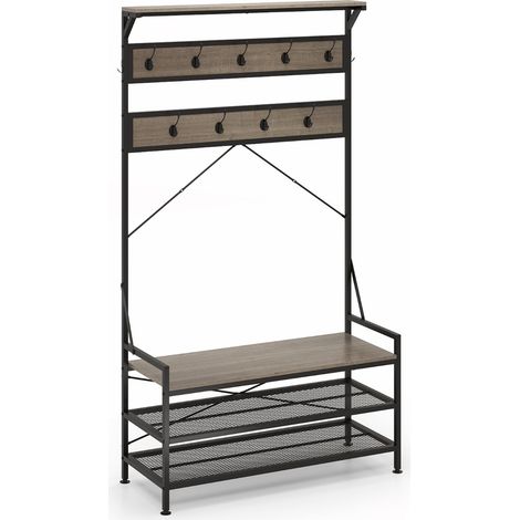 Appendiabiti albero da ingresso 4-in-1 con 11 ganci, Panca per scarpe scarpiera a 2 ripiani Grigio (1/4)