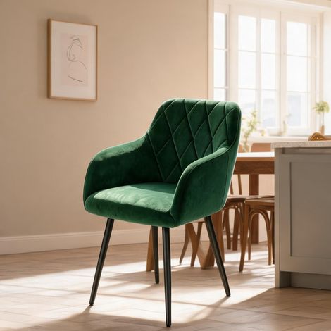 Chaise de salle à manger avec accoudoirs en velours vert foncé (1/5)