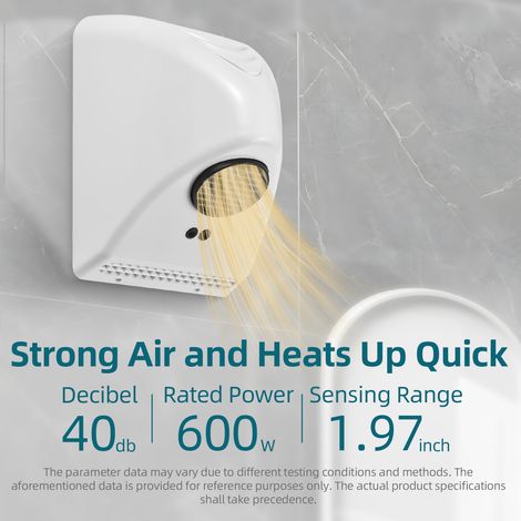 Secador de manos eléctrico automático (600 W) para baños – Plástico ABS ultracompacto – Blanco – Montaje en pared, sin contacto – Aire caliente – Bajo nivel de ruido – Para uso comercial y residencial (1/4)
