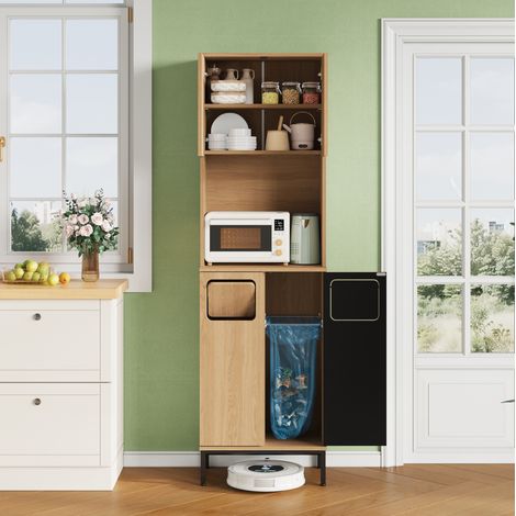 Buffet de cuisine haut avec compartiment à déchets 53x35x181 cm MDF chêne et noir (1/5)