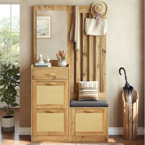 Vestiaire d'entrée 99,5x26x180 cm avec miroir, banc rembourré et range-chaussures, MDF coloris naturel (1/5)