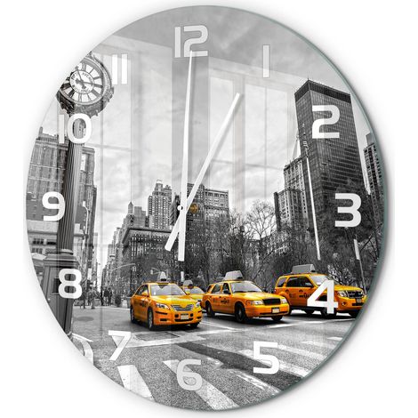 Horloge Murale Ronde Moderne Décorative Verre Trempé Élégante Salon Taxis de New York fi 60 cm (1/5)