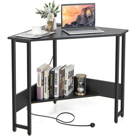 COSTWAY Corner Desk 90-degree Triangle Computer Desk Laptop Desk w/Power Outlet